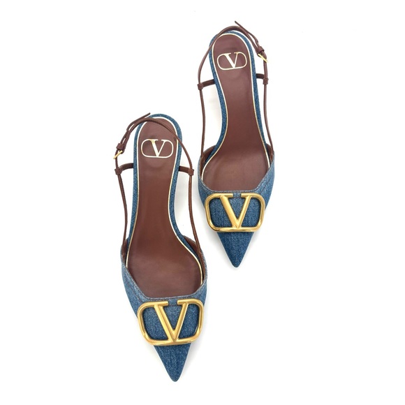 Valentino Garavani VLogo Blue Denim Pointed Toe Slingback Kitten Heel Pumps 37.5 - Picture 3 of 10